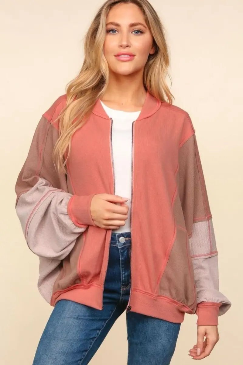 Haptics Zip Up Color Block Bomber Jacket with Side Pockets - Love Salve